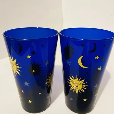 Libbey Celestial Azul Cobalto Sol Luna y Estrellas Lote de 2 Vasos 16 OZ 6” Alto De Colección Foto 1 de 4