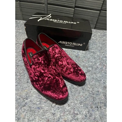 Alberto Fellini Burgundy Velvet Loafers Mens Dress Smoking Shoes Size 10 New - Image 1 of 4