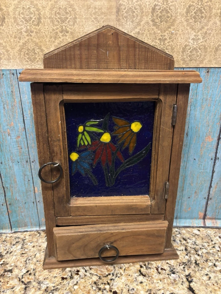 Llavero colgante de pared de madera vintage vidrio pintado diseño floral hecho a mano Foto 1 de 4