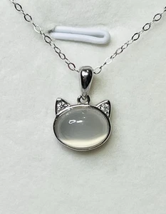 925 Sterlingsilber Silber natürlicher Mondstein Kätzchen Kätzchen Katze Anhänger Halskette - Bild 1 von 10