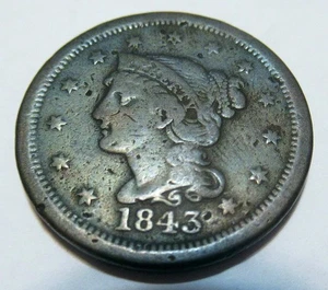 1843 Braided Hair Large Cent Good G Condition Nice Uniform Toning Free Shipping - Picture 1 of 9
