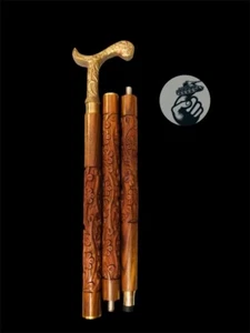 Vintage Antique Walking Cane Wooden Walking Stick Golden Brass Handle Gift - Picture 1 of 7