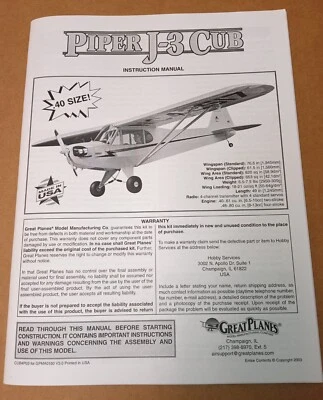 Great Planes Piper J-3 Cub .40 Size Manual Instruction Book CUB4P03 for GPMA0160 - Image 1 of 4