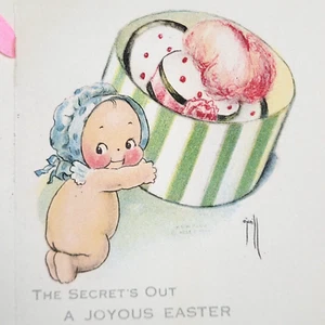 c.1920 Rose O'Neill Kewpie Easter Card Hat Box VTG Gibson Pink Ribbon Bonnet - Picture 1 of 3