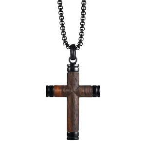 Men's Wooded Cross Necklace Christian Crucifix Pendant Stainless Steel Chain - Picture 1 of 7