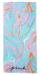 VICTORIAS SECRET PINK PLUSH TERRYCLOTH LOGO BEACH TOWEL TIE DYE MARBLE 58x28 NWT - Picture 1 of 3