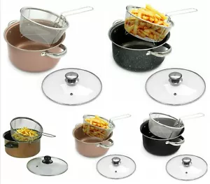 3 in 1 Non Stick Fryer Chip Pan with Lid Wire Basket 24cm Deep Fat Frying Pot - Picture 1 of 14