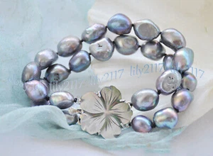 2 Rows 10-11mm Natural Black Baroque Freshwater Pearl Beads Bracelet 7.5'' - Bild 1 von 6