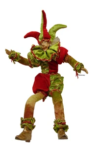 Tuta Creepy Sitting Christmas Jester Joker 18" Velluto Rosso e Verde - Mantello Pz. - Foto 1 di 10