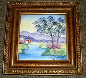 VINTAGE HAND PAINTED PRETTY MULTI~COLOR LANDSCAPE SCENE 4 1/4" X 4 1/4" FRAMED - Picture 1 of 2