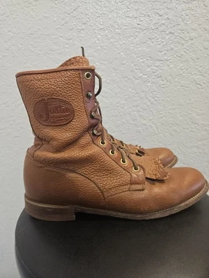 Vtg 1980s Justin Lace Up Brown Leather Kiltie Western Roper Boots Womens Size 9B - Image 1 of 4