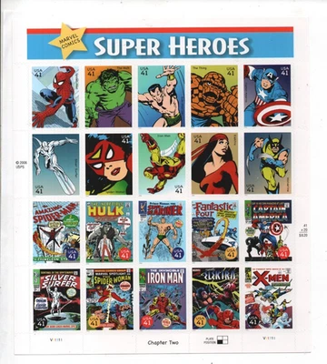 Hoja de 41 centavos x 20 sellos de superhéroes de Marvel Comics 2006, Hulk X-Men Iron Man Foto 1 de 2