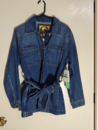 Giacca donna Michael Kors nuova stone wash blu denim con cintura taglia large petite