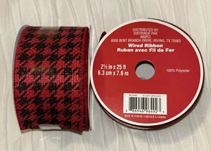 Lot Of 2 Houndstooth Red & Black Wired Ribbon 2 1/2” X25 Foot Spools - Picture 1 of 3