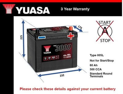 Battery fits TOYOTA RAV4 1.8 2.0 2.4 2.5 94 to 19 Yuasa 005L 500A 60Ah BP2218520 - Image 1 of 4