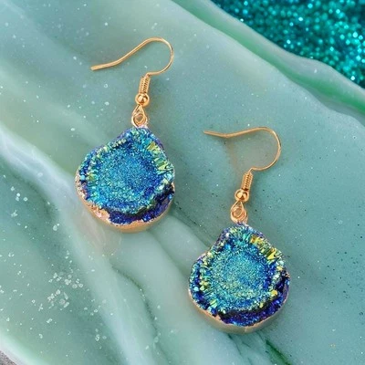 New Natural Crystal Geode Blue Iridescent Gold Bezel Earrings Quartz Druzy - Image 1 of 3