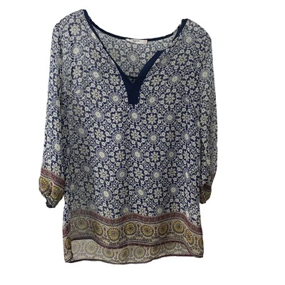 Blusa Ezra Azul Manga 3/4 Cuello en V Semi Transparente Mujer Talla S Toile Patrón Boho Foto 1 de 4