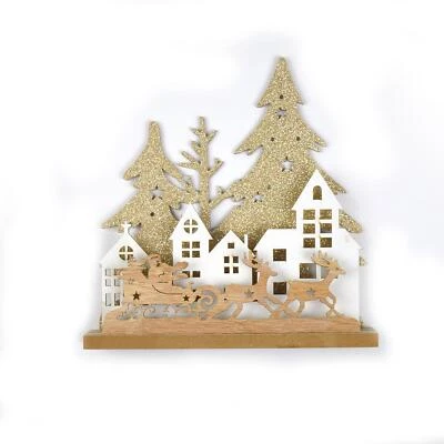SNOWTIME Wooden Light Up Christmas Scene With Santa And Reindeer Light Up Xmas Theme LED