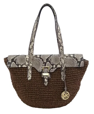 Michael Kors Straw Bag Brown Shoulder Naomi & Leather Snakeskin Pattern Handbag  - Image 1 of 4