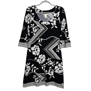 WHITE HOUSE BLACK MARKET 3/4 Sleeve Dress BLACK WHITE FLORAL size S Maximalist - Picture 1 of 7