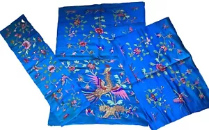 PANELES DE SEDA ORIENTALES ANTIGUOS BORDADOS A MANO ORO AZUL X 3 - Imagen 1 de 9