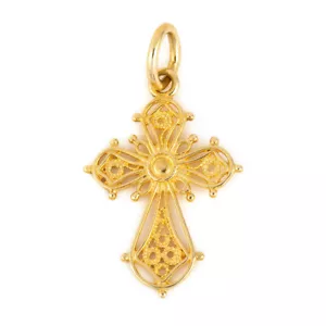 Byzantine Filigree Cross Pendant - 18K Yellow Gold, Greek Christian Baptism - Picture 1 of 3