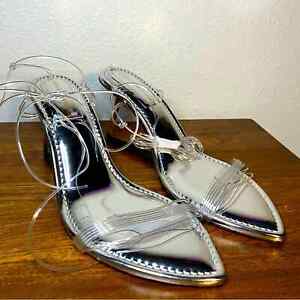 NWT Good American women’s Wedge Silver Glass Heels drag show fancy dress