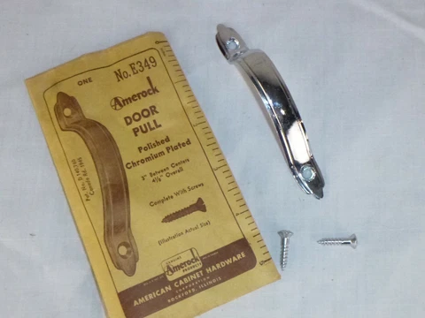 NOS Vtg Deco Style Chrome Cabinet Hardware Door Handle Pull E349 4-1/8" Cover
