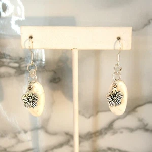 Silver over copper soldered white Howlite stone & flower dangle earrings 2" - Picture 1 of 3