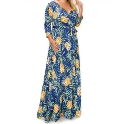 Maxi Vestido Janette Moda Verde Piña Floral Imitación Envolvente Talla Plussa Foto 1 de 4