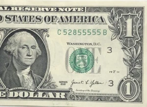 Billete de un dólar número de serie elegante Six of a Kind 5s C52855555B FW - Imagen 1 de 6