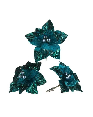WERCHRISTMAS Set of 3 Artificial Poinsettia Flowers with Clip, Emerald, 12 cm