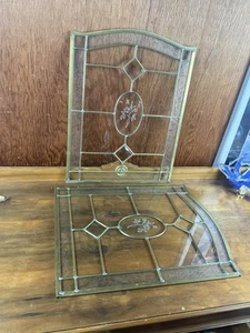 Vintage Brass Leaded Beveled Glass Panel Etched Window Cupboard Door Two Total - Picture 1 of 9
