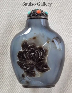 frühe geschnitzte Blume Achat Schnupftabakflasche Sterlingsilber Top aus prominentem Zuhause - Bild 1 von 5