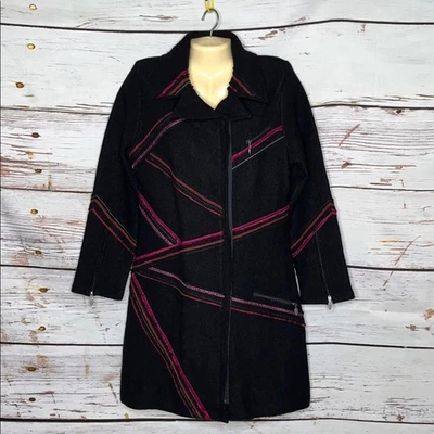 Abrigo Covelo Clothing Nuevo con Etiquetas Talla M Negro - Borde Púrpura y Rojo Cremallera Frontal 100% Lana Bond Foto 1 de 4
