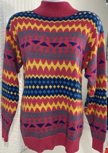 Suéter Tejido Geométrico Brightsider Vintage Años 80 Rosa Amarillo Azul Cuello Simulado M  - Imagen 1 de 8
