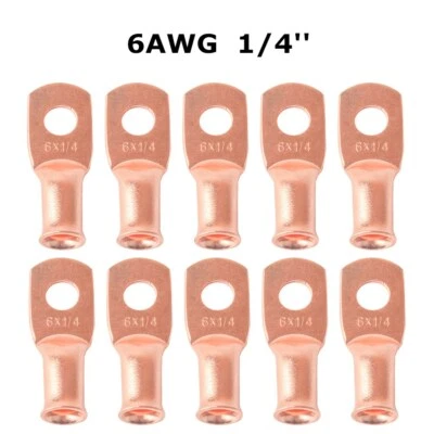 10PCS 6 Gauge Ring 1/4" Hole Terminal Battery Lug Bare Copper Un-Insulated AWG - Image 1 of 4