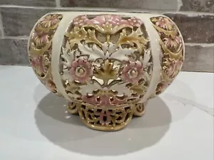 ANTICO ZSOLNAY PECS CERAMICA UNGHERESE vaso rotondo reticolato floreale - Foto 1 di 17