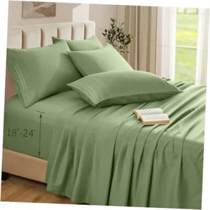 Extra Deep Pocket Sheets Set - 6 Piece Sheets Set - Fits 18-24 Queen Sage Green - Picture 1 of 8
