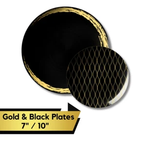 Black & Gold Party Plate Set Reusable Celebration Hard Plastic Dining Plates - Picture 1 of 7