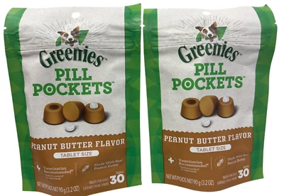 LOT OF 2 Greenies Chewy Dog Pill Pockets Peanut Butter Tablet  Size Dog Treats Foto 1 de 2