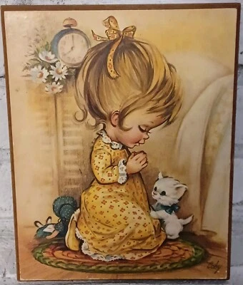 Niña rezando con gatito placa de pared vintage decoración 7 7/8" X 10" Foto 1 de 4