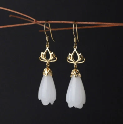 T08 Orecchini Fiori di Loto Con Calcedonio Bianco 925 Argento Sterling Placcato - Immagine 1 di 3