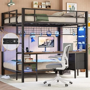 Full Over Twin Size Bunk Bed with Desk Charging Station Led Lights Drawers - Picture 1 of 9