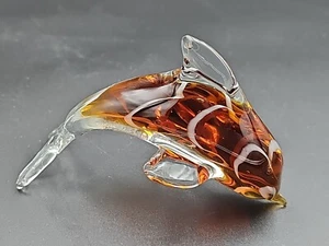 Art Glass Dolphin Hand Blown Amber with White Swirl 4.5 in long - Picture 1 of 6