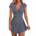?Womens Wrap V Neck Floral Print Mini Dress Summer Party Short Sleeve Sundress