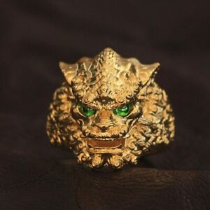 Chinese Style Lion Ring Green Eyes Charms Gold Plated Brass Ring GP268A US 7~15