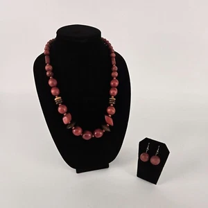 Vintage Red Wooden Bead Necklace & Earring Set - Picture 1 of 8