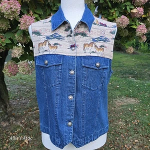 Damen blau hellbraun Denim Vintage Western Weste Sun River 100 % Baumwolle Pferde klein - Bild 1 von 9