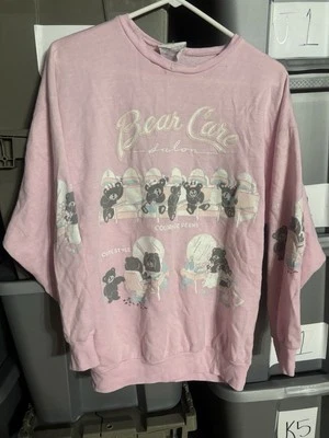Vintage 80s Cute Bear Pink Raglan Sweatshirt Women’s Large Thin Soft O5 - Image 1 of 4